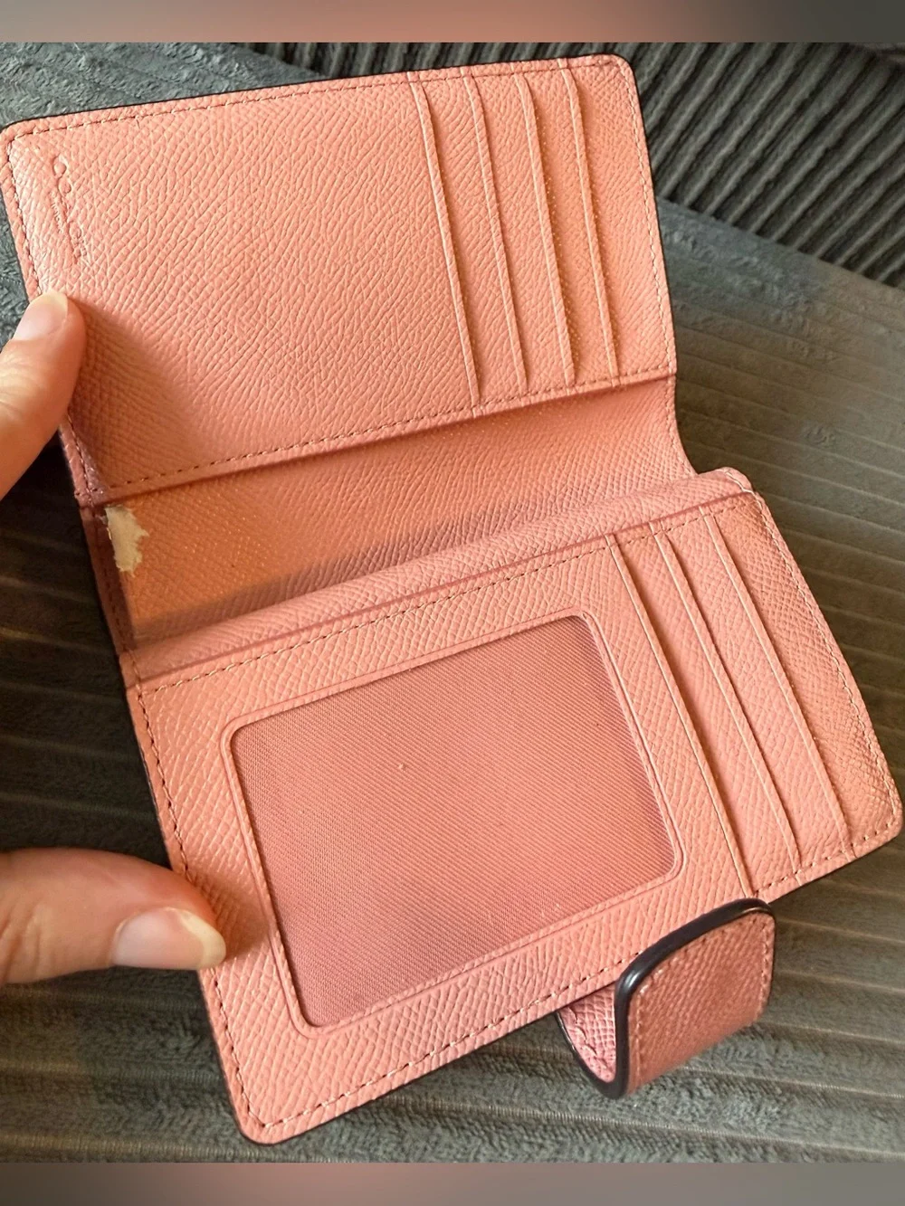 READ Coach Blush Pink Pebbled Leather Snap Wallet Crossgrain